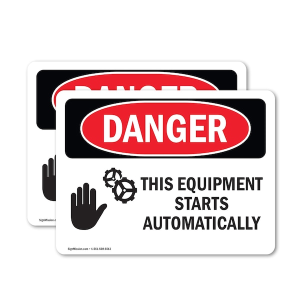 Signmission This Equipment Starts Automatically Danger Sign, Vinyl Decal, 10in W x 7in L, 2PK OS-2PACK-DS-D-710-L-2325 - main